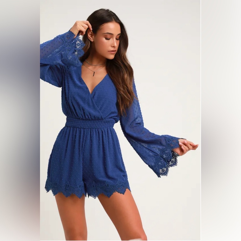 Meadow lake Blue Swiss Dot Lace Romper